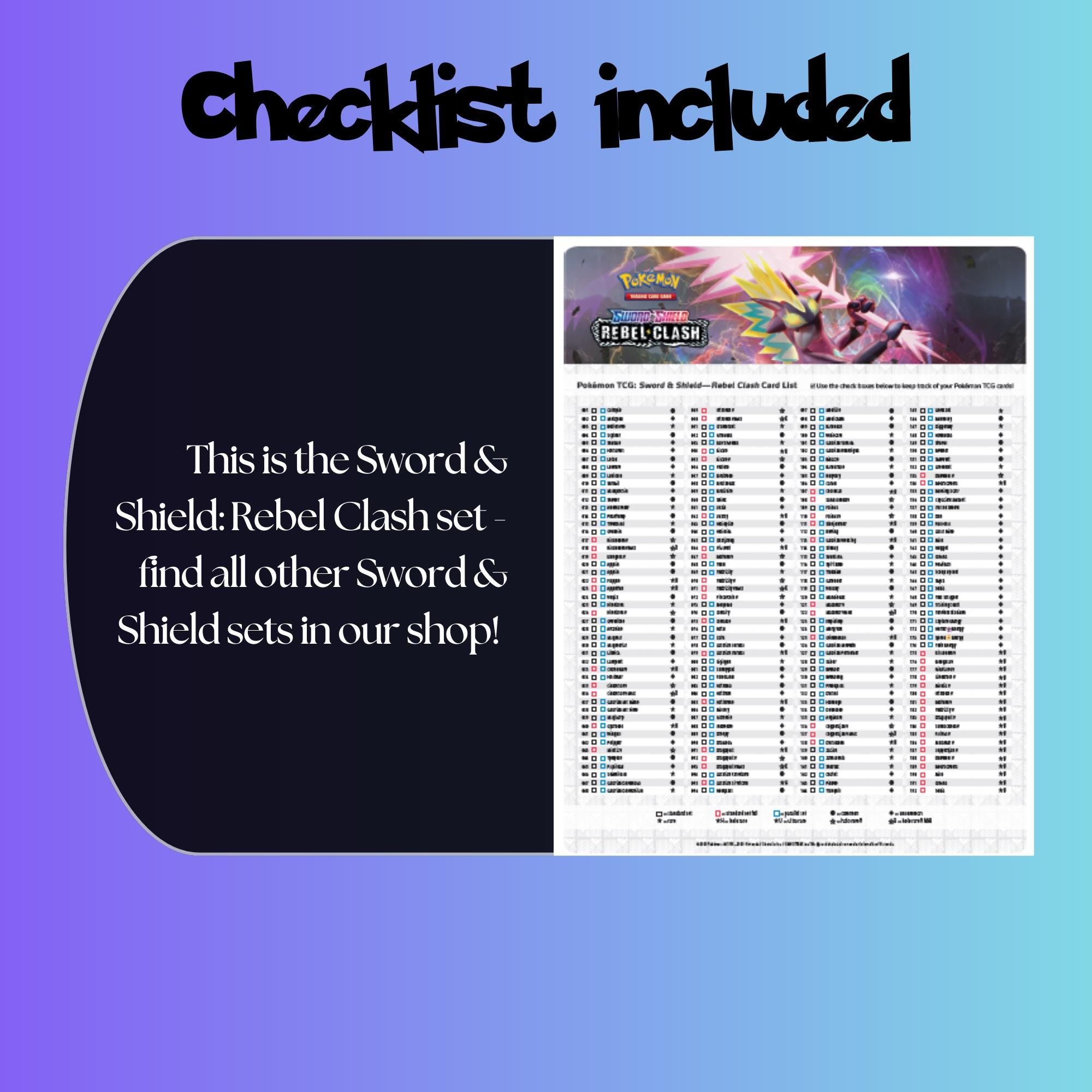 Example of the checklist that’s included to see which cards are all in the Rebel Clash set from the Sword & Shield Series.