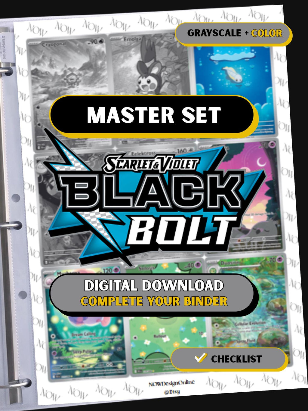 Black Bolt master set binder page showing grayscale and color Pokémon cards, designed as a digital download with checklist to complete a collector’s binder.