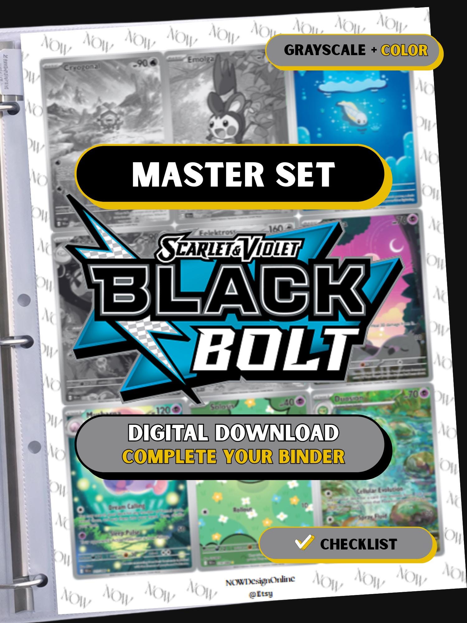 Black Bolt master set binder page showing grayscale and color Pokémon cards, designed as a digital download with checklist to complete a collector’s binder.