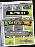 Mega Evolution master set binder page showing grayscale and color Pokémon cards, designed as a digital download with checklist to complete a collector’s binder.
