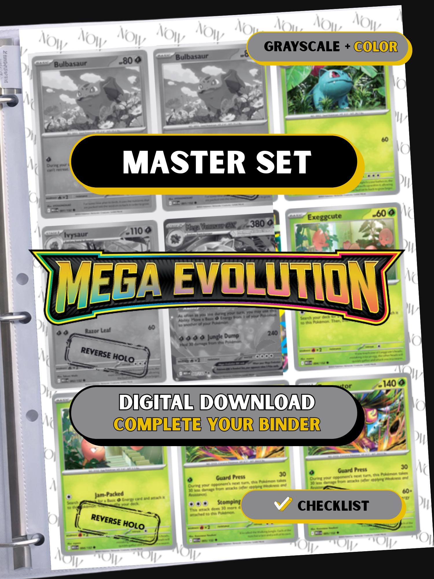 Mega Evolution master set binder page showing grayscale and color Pokémon cards, designed as a digital download with checklist to complete a collector’s binder.