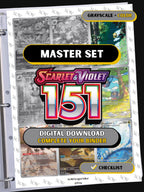 151 master set binder page showing grayscale and color Pokémon cards, designed as a digital download with checklist to complete a collector’s binder.