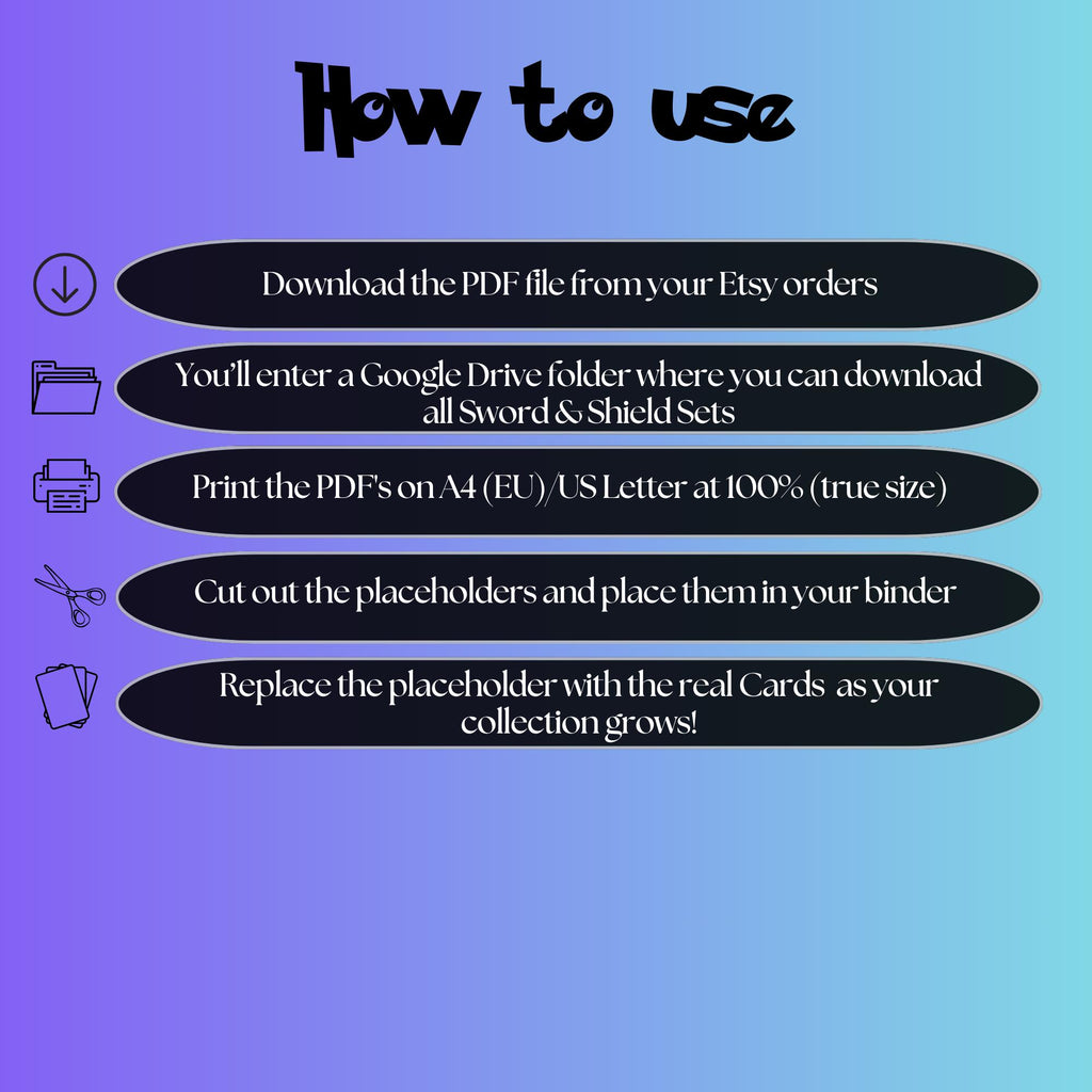 Sword & Shield digital download instructions explaining how to print, cut, and place placeholders in a Pokémon binder.