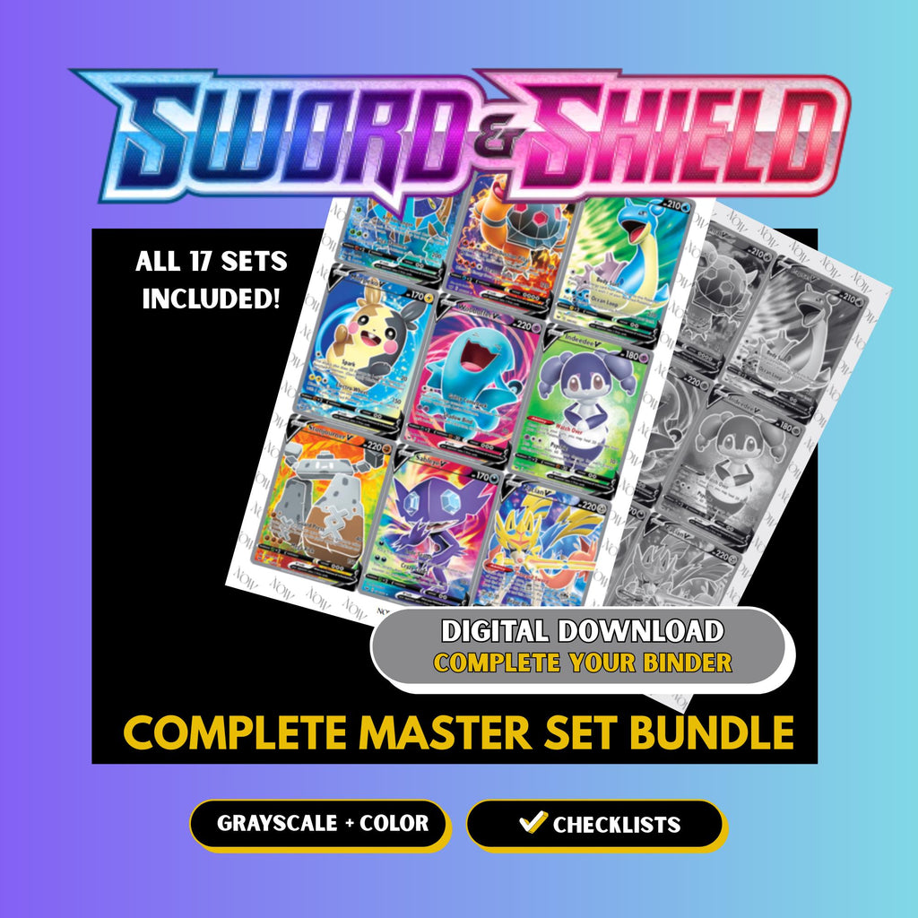 Sword & Shield: Complete master set bundle binder page showing grayscale and color Pokémon cards, designed as a digital download with checklist to complete a collector’s binder.