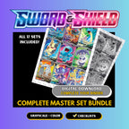 Sword & Shield: Complete master set bundle binder page showing grayscale and color Pokémon cards, designed as a digital download with checklist to complete a collector’s binder.