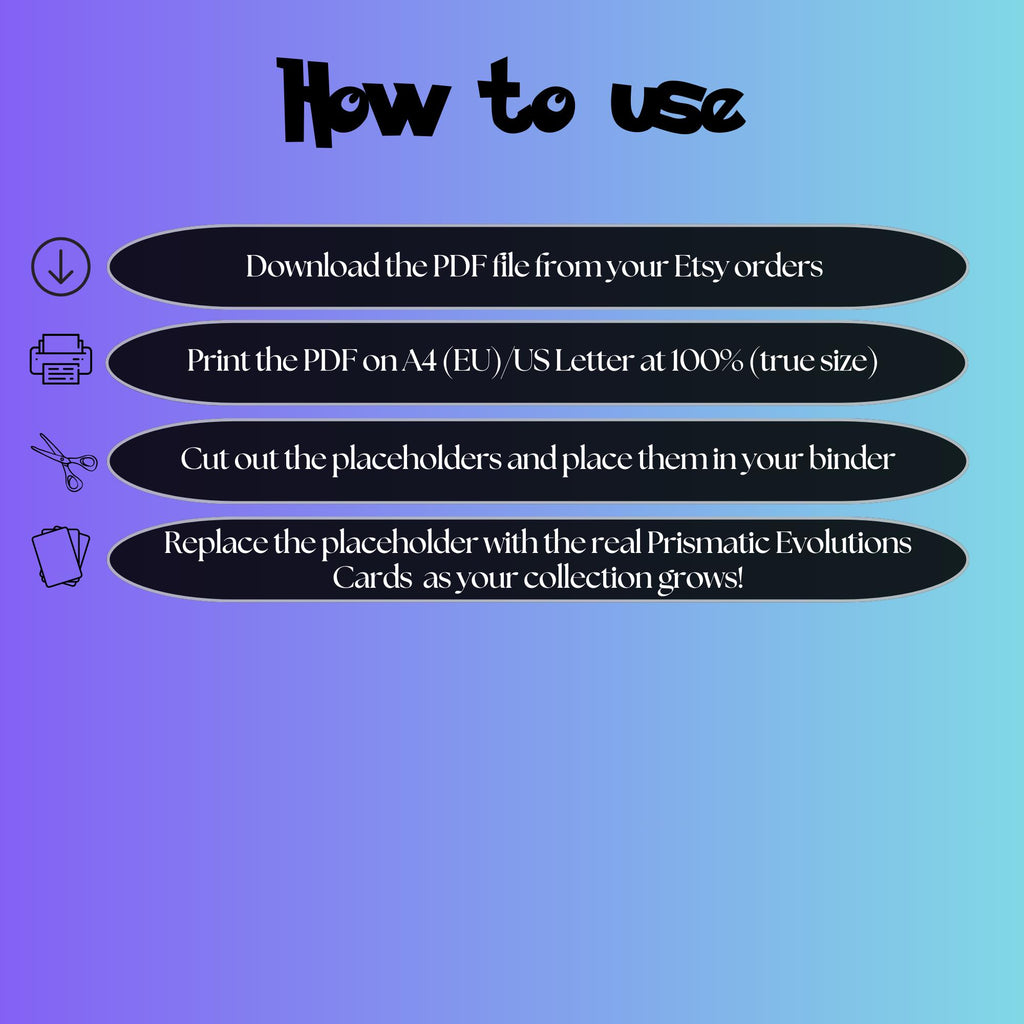 Prismatic Evolutions digital download instructions explaining how to print, cut, and place placeholders in a Pokémon binder.