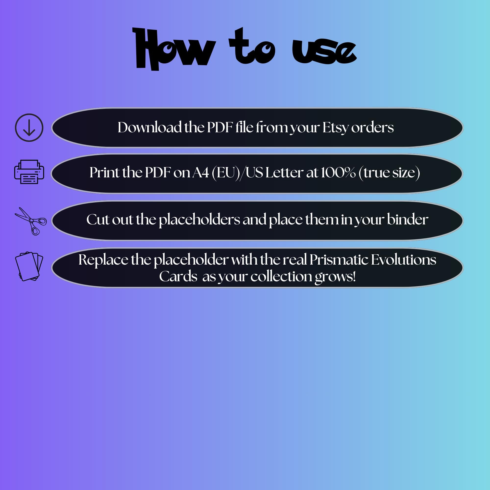 Prismatic Evolutions digital download instructions explaining how to print, cut, and place placeholders in a Pokémon binder.