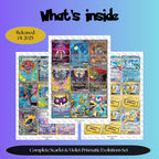 Prismatic Evolutions master set overview showing the included Pokémon cards to print and a full color checklist for the Scarelt & Violet binder.
