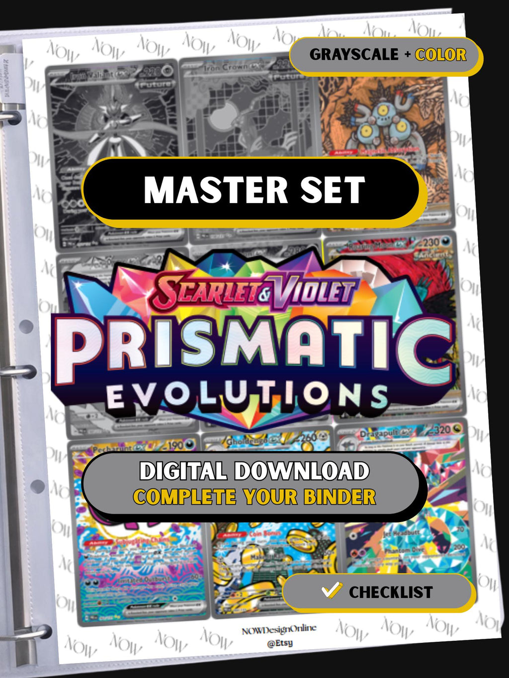 Prismatic Evolutions master set binder page showing grayscale and color Pokémon cards, designed as a digital download with checklist to complete a collector’s binder.