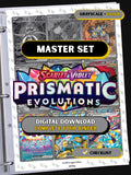 Prismatic Evolutions master set binder page showing grayscale and color Pokémon cards, designed as a digital download with checklist to complete a collector’s binder.