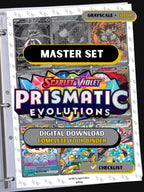 Prismatic Evolutions master set binder page showing grayscale and color Pokémon cards, designed as a digital download with checklist to complete a collector’s binder.