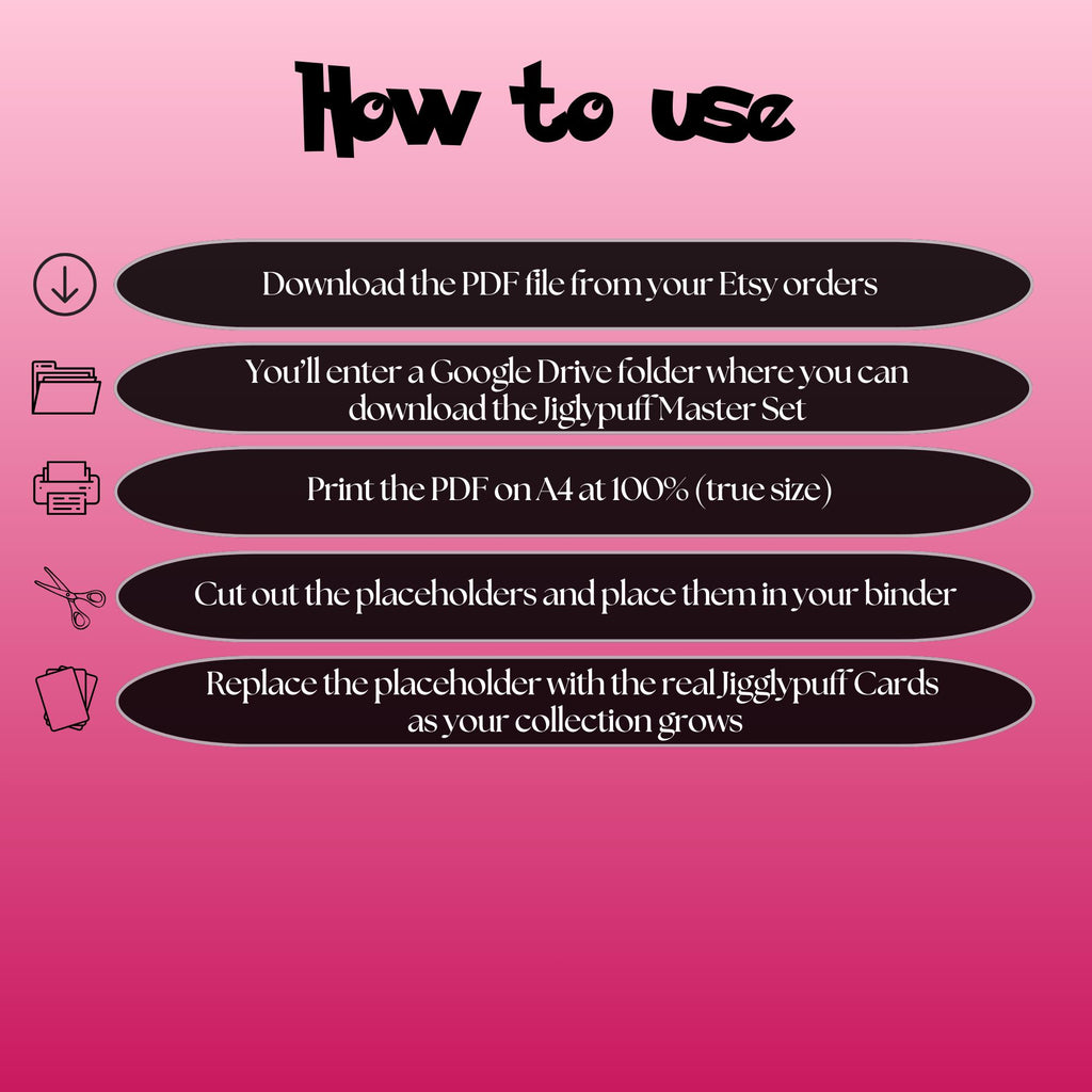 Jigglypuff cards digital download instructions explaining how to print, cut, and place placeholders in a Pokémon binder.