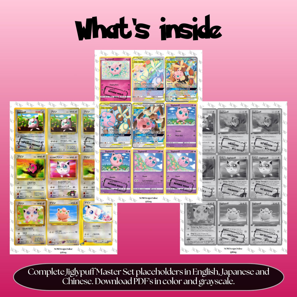 Jigglypuff binder pages set overview showing the included Pokémon cards to print and cut for your binder sleeves.