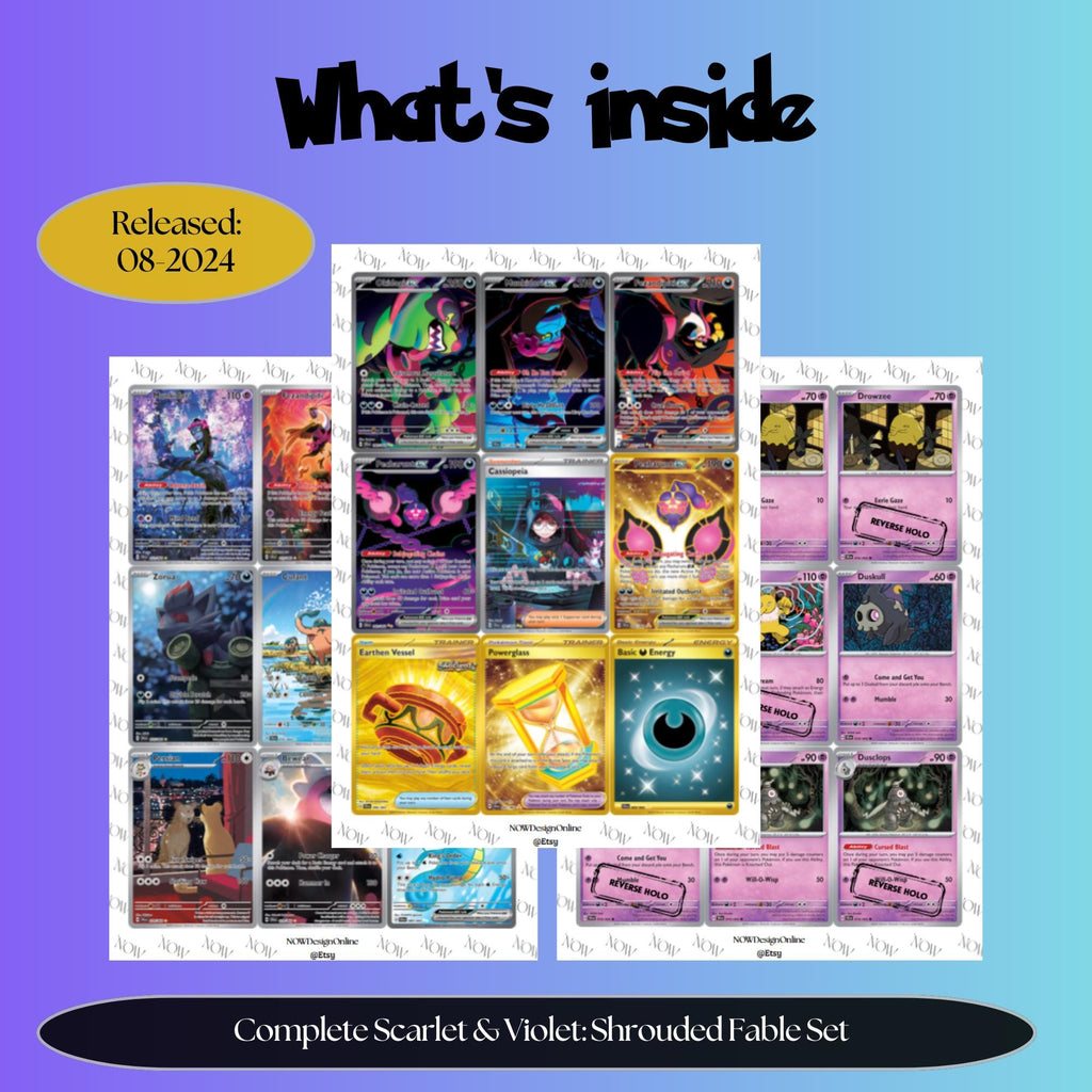 Shrouded Fable master set overview showing the included Pokémon cards to print and a full color checklist for the Scarlet & Violet binder.
