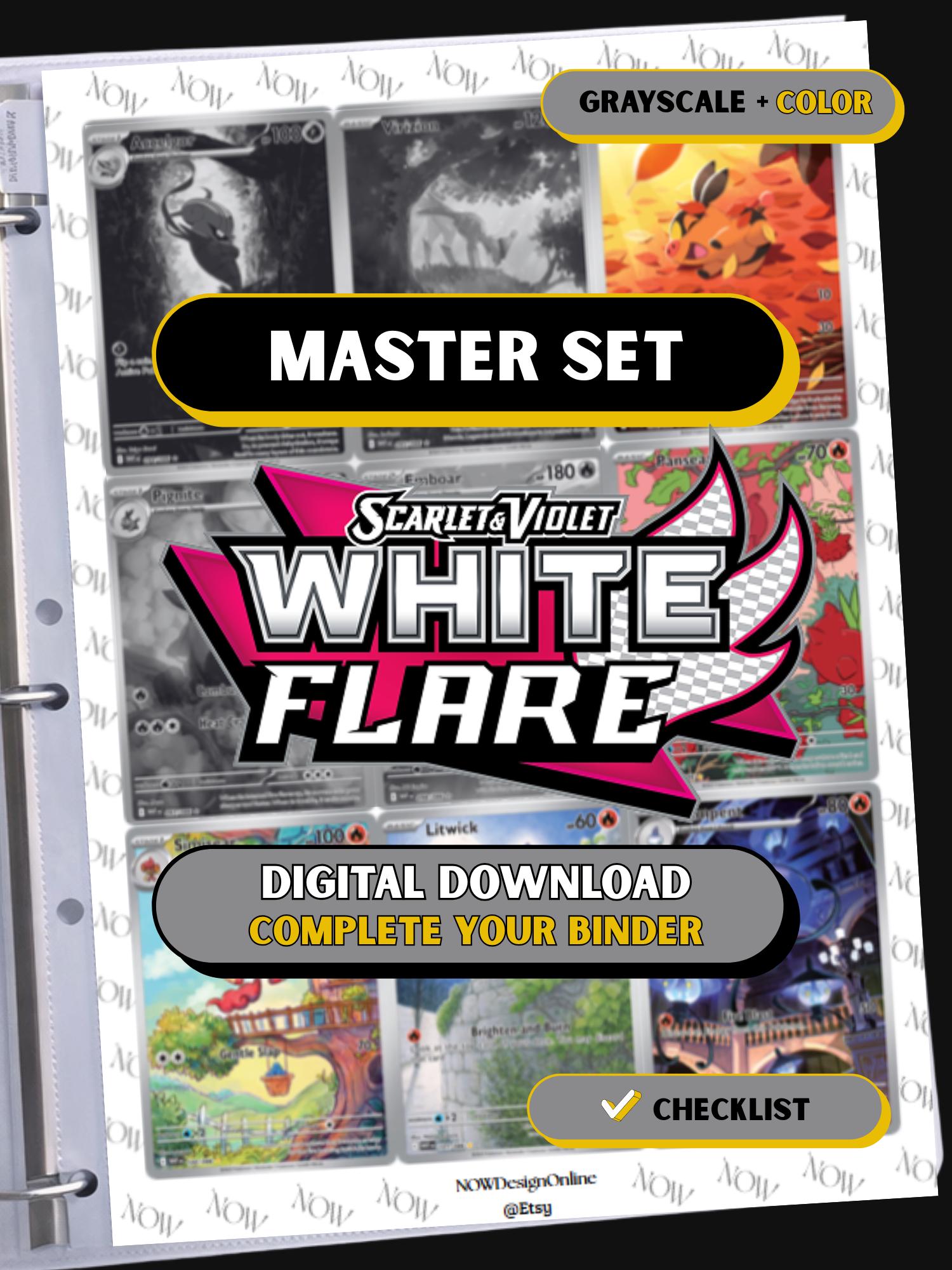 White Flare master set binder page showing grayscale and color Pokémon cards, designed as a digital download with checklist to complete a collector’s binder.