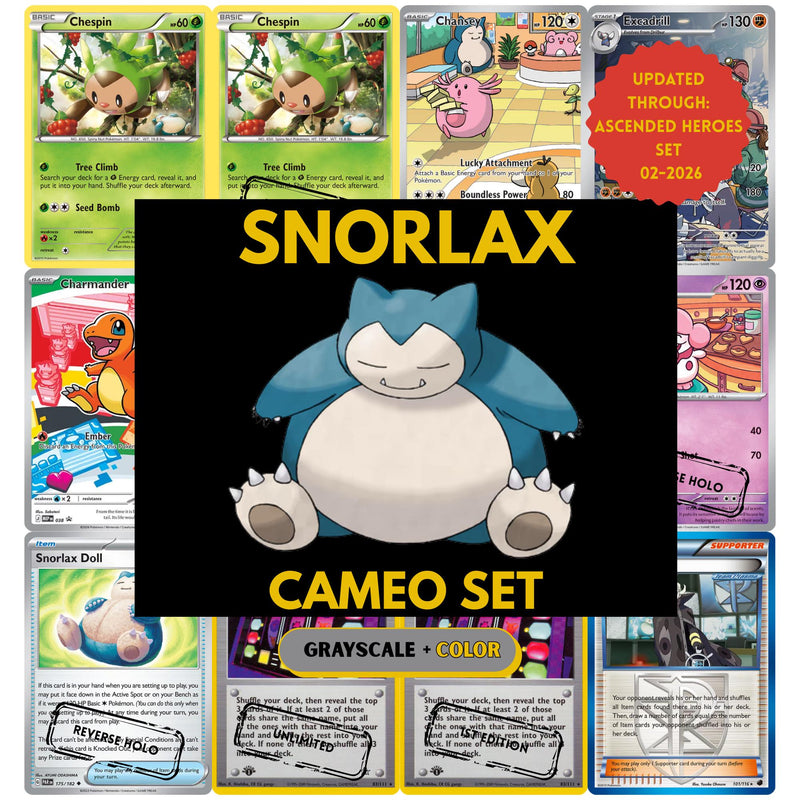 Snorlax Cameo binder pages set showing grayscale and color Pokémon cards, designed as a digital download to complete a collector’s binder.