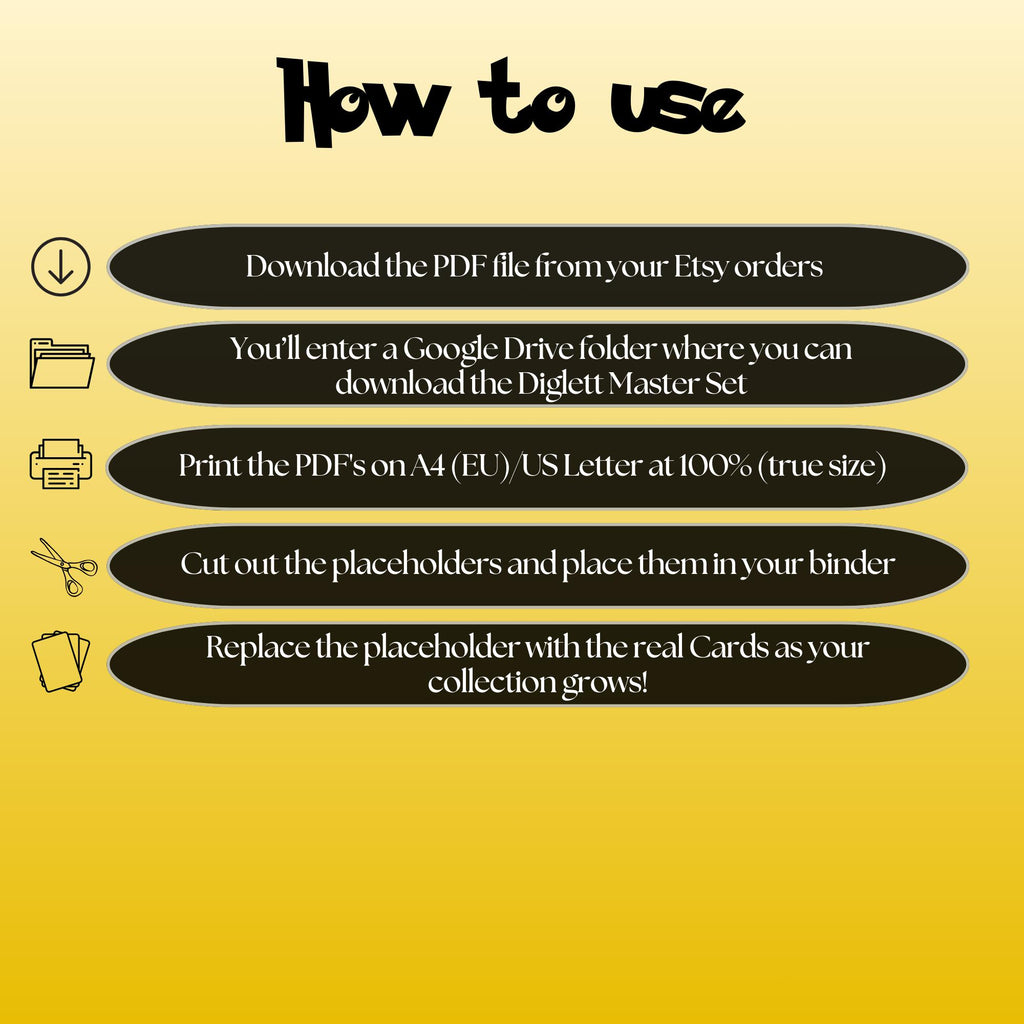 Diglett cards digital download instructions explaining how to print, cut, and place placeholders in a Pokémon binder.