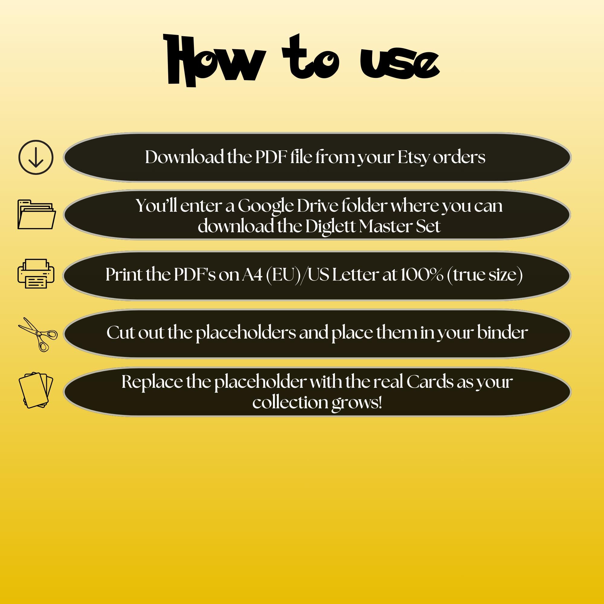 Diglett cards digital download instructions explaining how to print, cut, and place placeholders in a Pokémon binder.