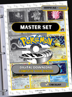 Gym Heroes master set binder page showing grayscale and color Pokémon cards, designed as a digital download with checklist to complete a collector’s binder.