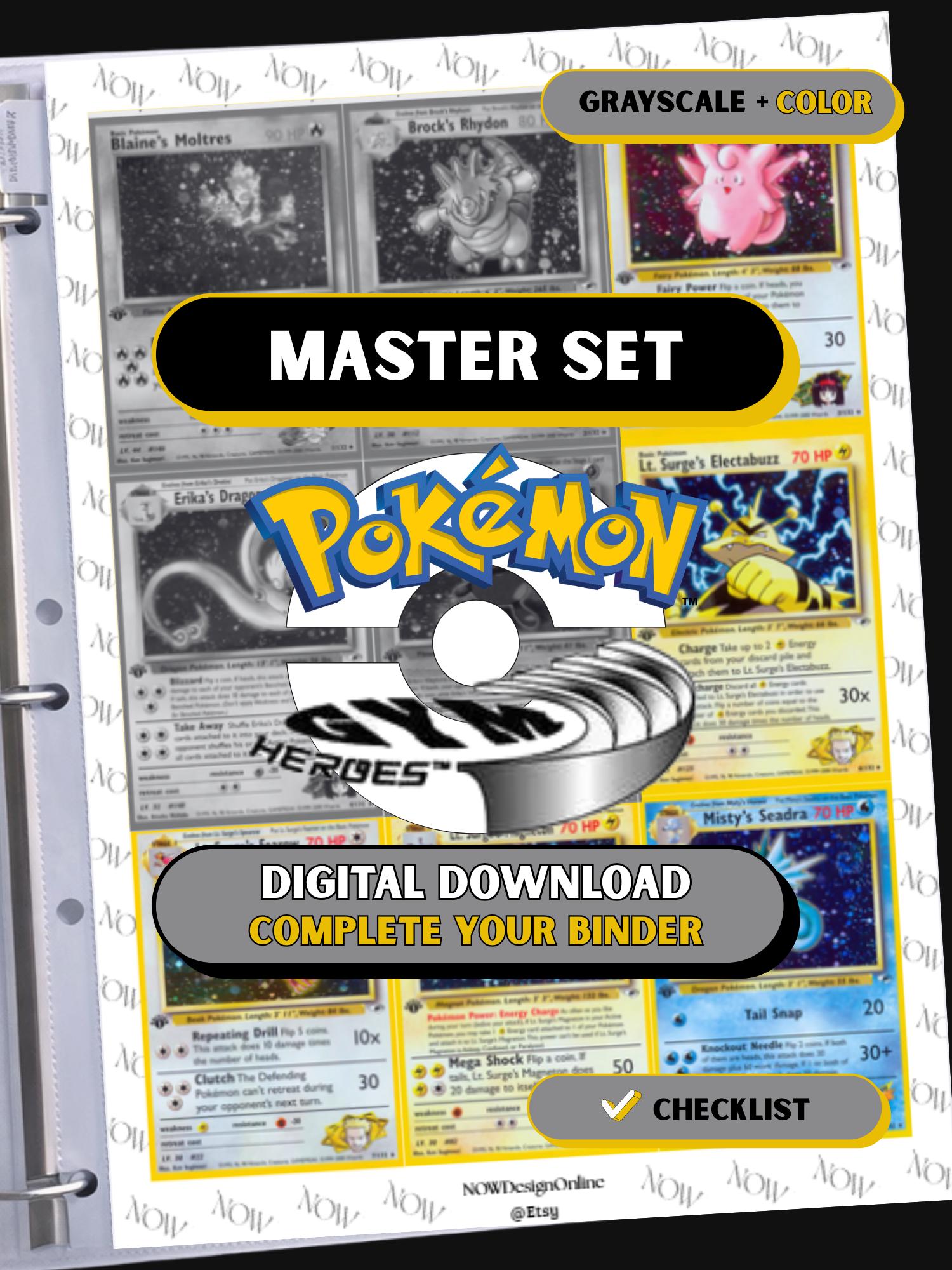 Gym Heroes master set binder page showing grayscale and color Pokémon cards, designed as a digital download with checklist to complete a collector’s binder.