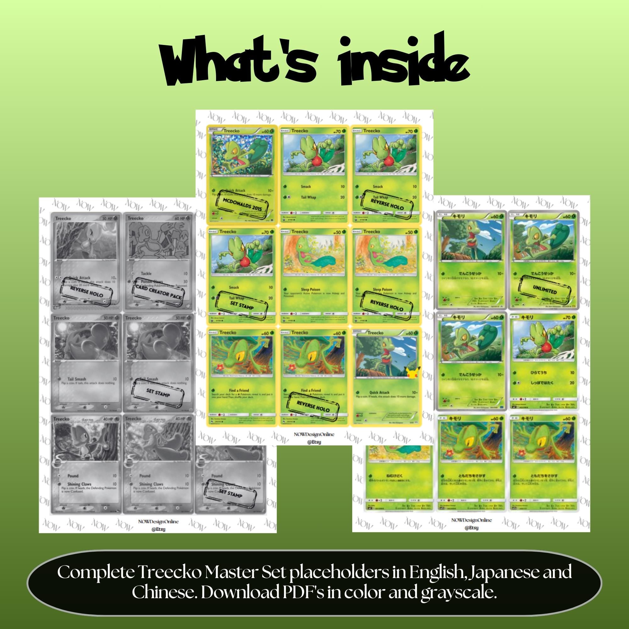 Treecko binder pages set overview showing the included Pokémon cards to print and cut for your binder sleeves.