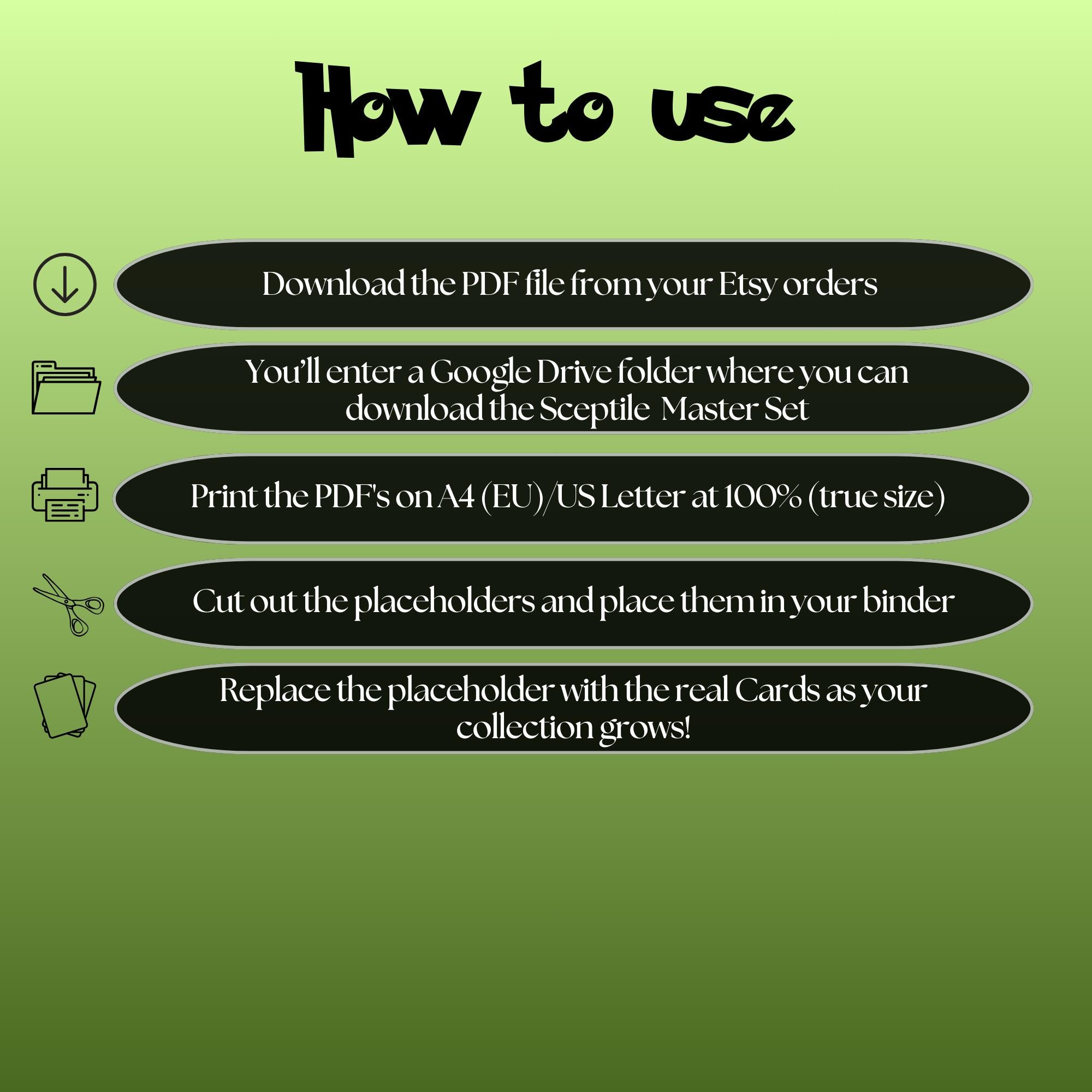 Sceptile cards digital download instructions explaining how to print, cut, and place placeholders in a Pokémon binder.