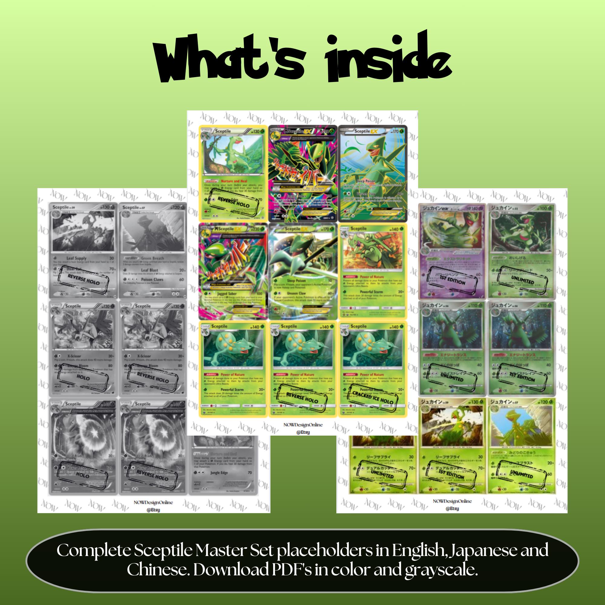 Sceptile binder pages set overview showing the included Pokémon cards to print and cut for your binder sleeves.