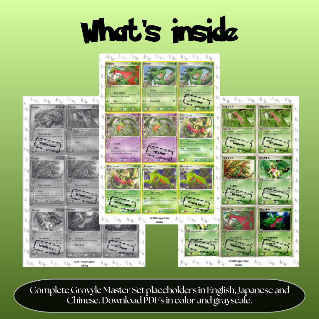 Grovyle binder pages set overview showing the included Pokémon cards to print and cut for your binder sleeves.