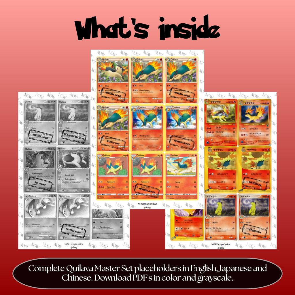 Quilava binder pages set overview showing the included Pokémon cards to print and cut for your binder sleeves.