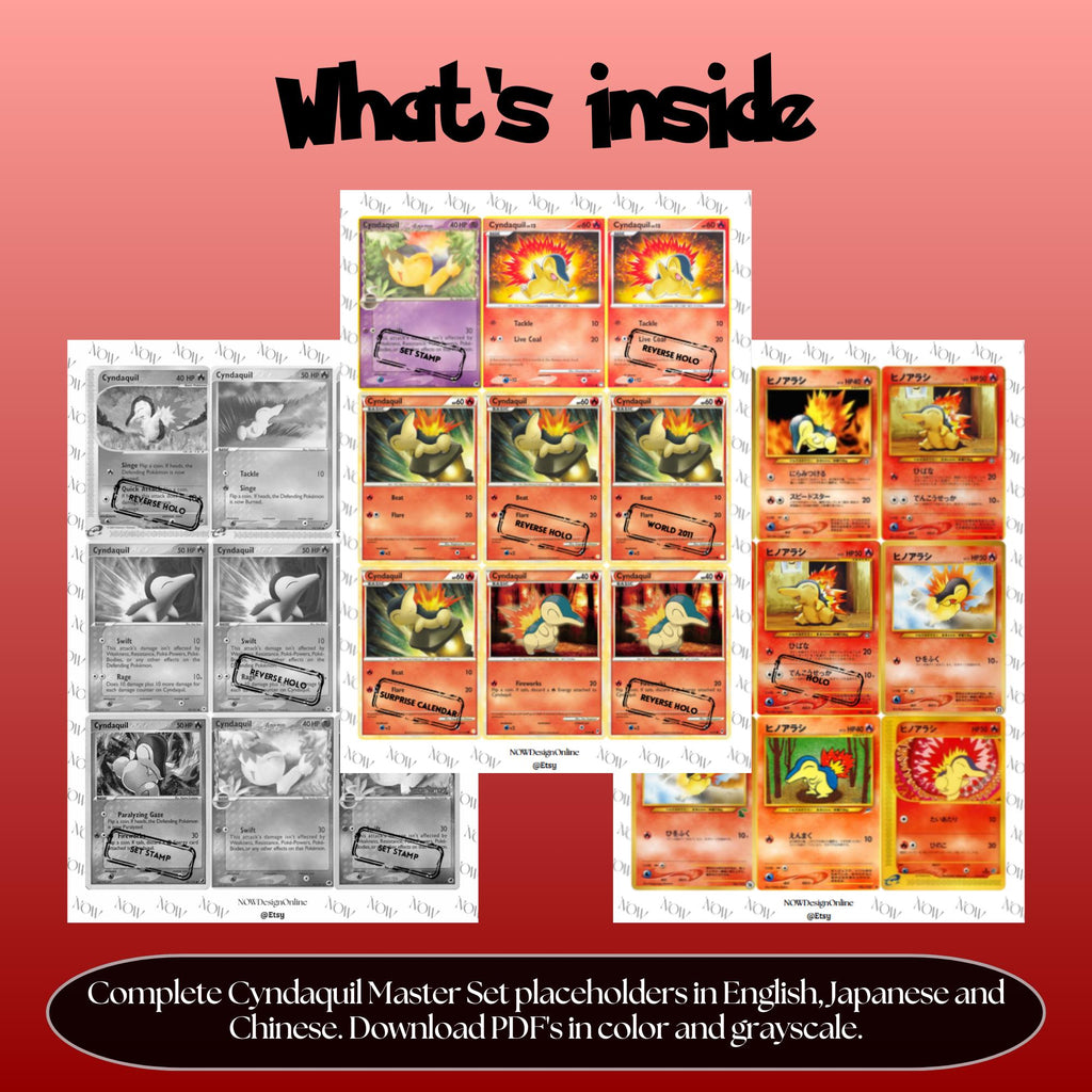 Cyndaquil binder pages set overview showing the included Pokémon cards to print and cut for your binder sleeves.