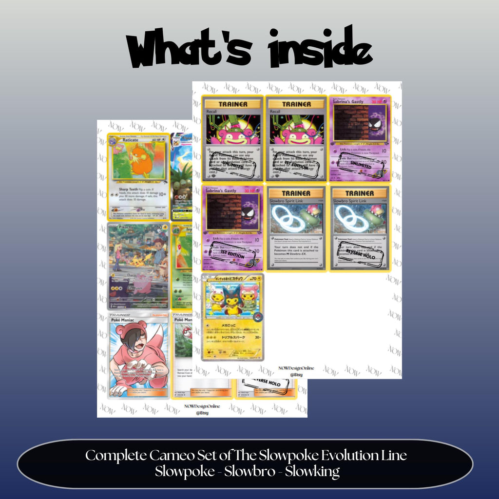 Slowpoke Evolutions Cameo Binder Cards set overview showing the included Pokémon cards to print and a full color checklist for the Mega Evolution binder.