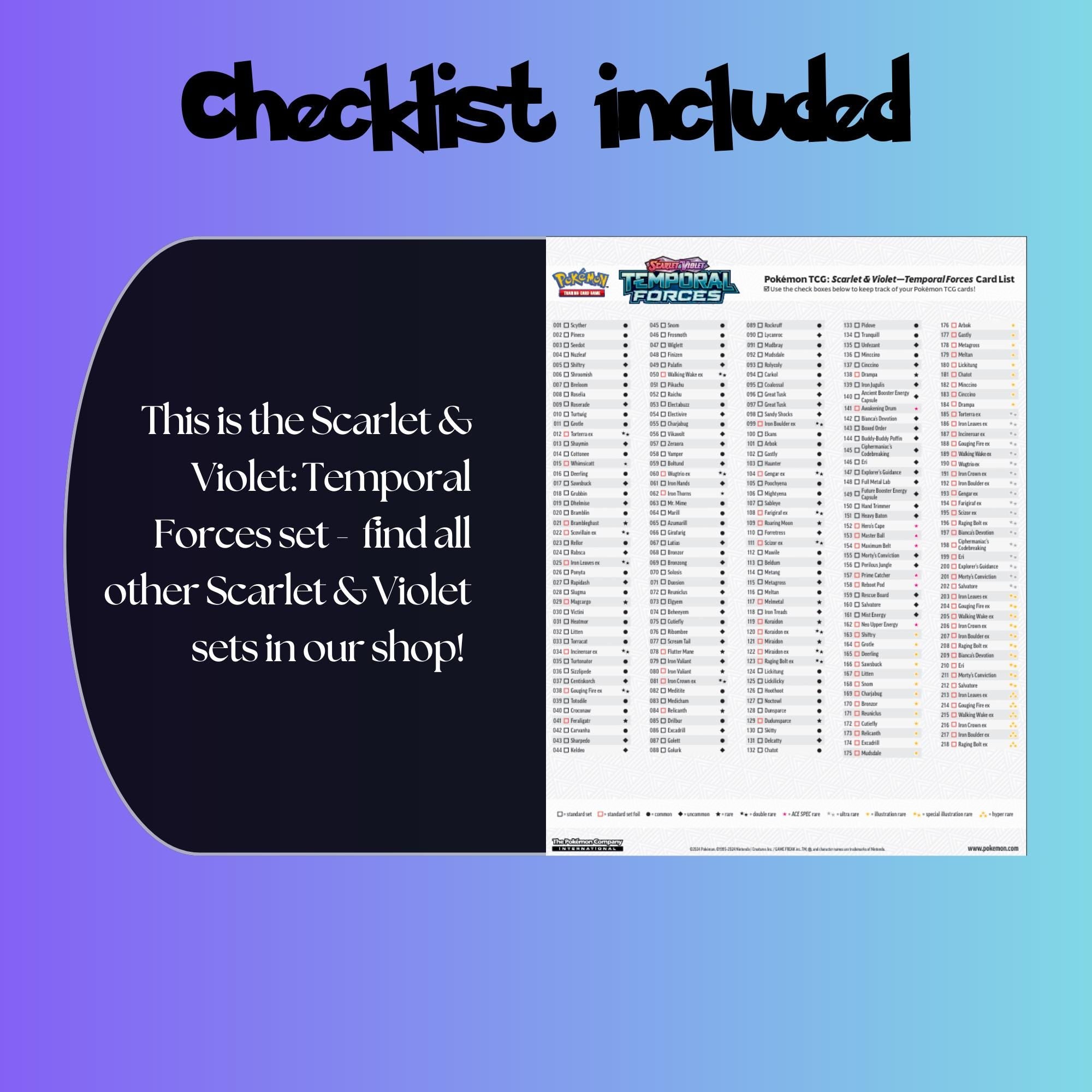 Example of the checklist that’s included to see which cards are all in the Temporal Forces set from the Scarlet & Violet Series.