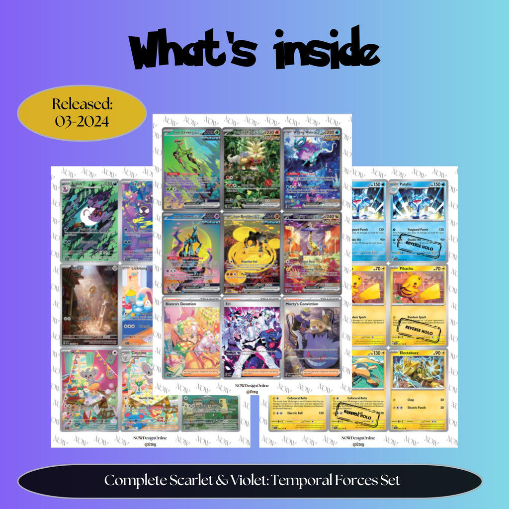 Temporal Forces master set overview showing the included Pokémon cards to print and a full color checklist for the Scarlet Violet binder.