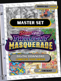 Twiligh Masquerade Scarlet Violet master set binder page showing grayscale and color Pokémon cards, designed as a digital download with checklist to complete a collector’s binder.