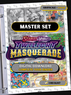 Twiligh Masquerade Scarlet Violet master set binder page showing grayscale and color Pokémon cards, designed as a digital download with checklist to complete a collector’s binder.