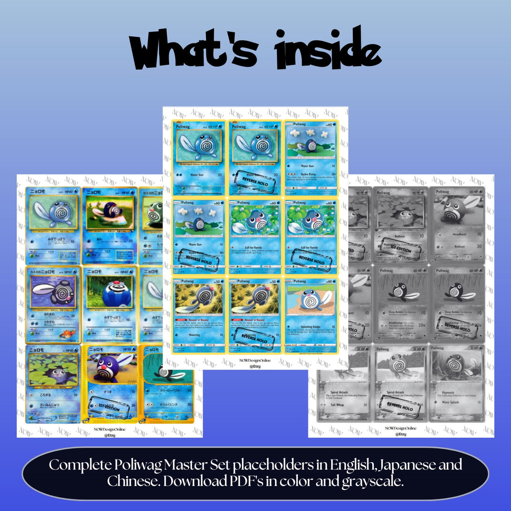 Poliwag binder pages set overview showing the included Pokémon cards to print and cut for your binder sleeves.