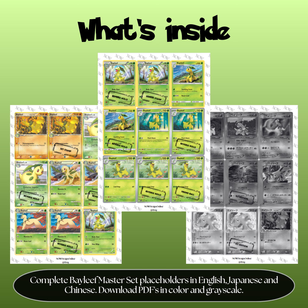 Bayleef binder pages set overview showing the included Pokémon cards to print and cut for your binder sleeves.