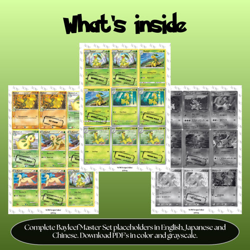 Bayleef binder pages set overview showing the included Pokémon cards to print and cut for your binder sleeves.