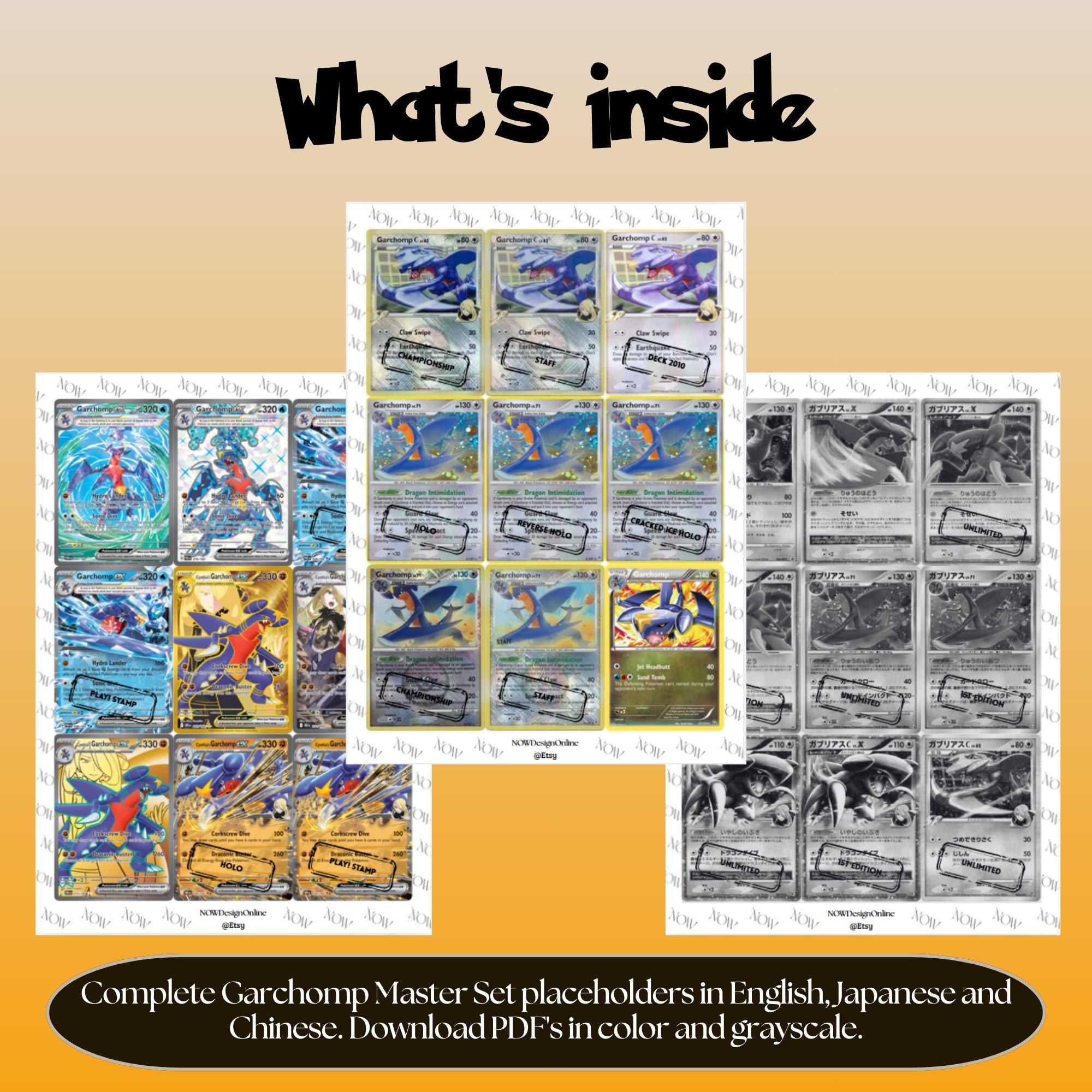 Garchomp binder pages set overview showing the included Pokémon cards to print and cut for your binder sleeves.
