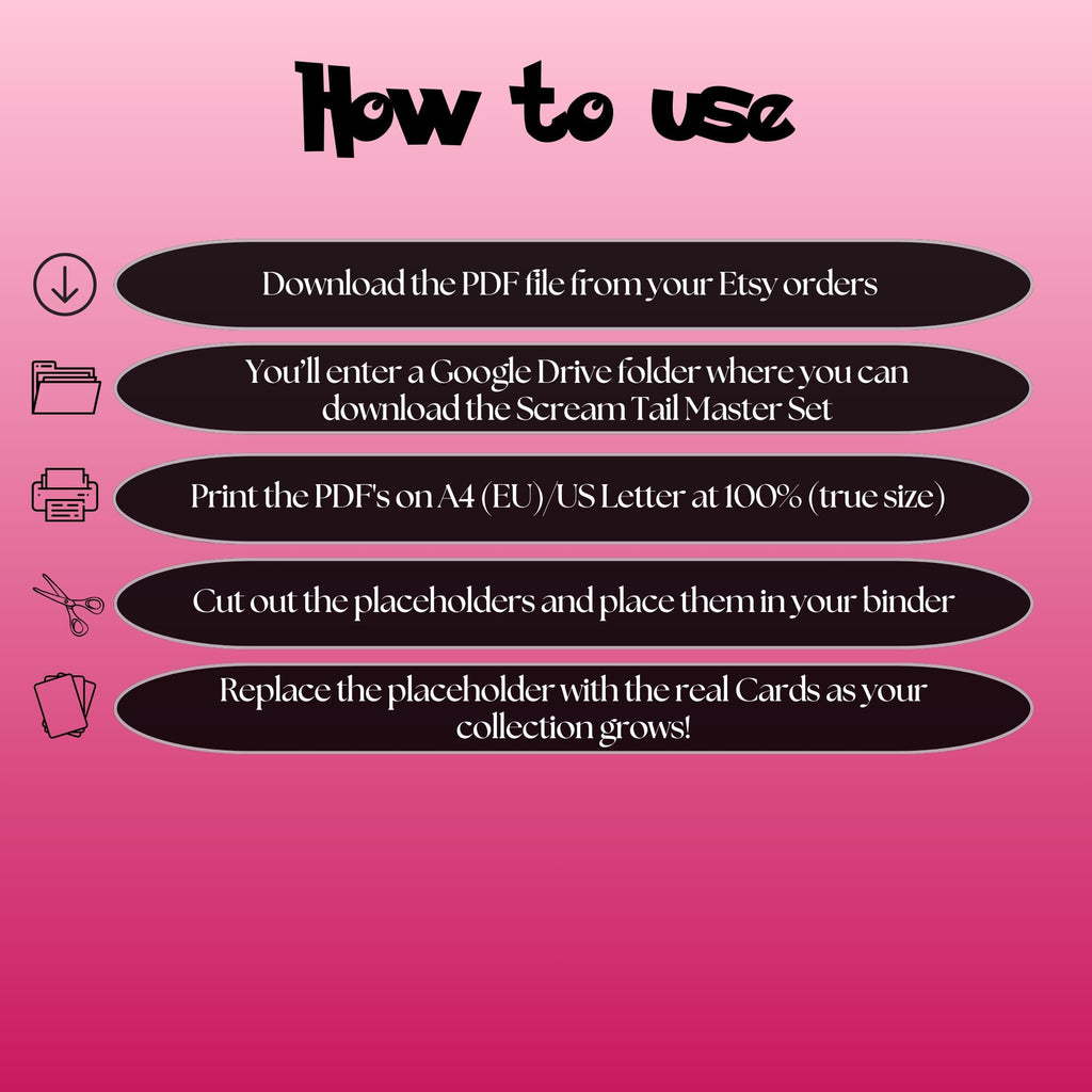 Scream Tail cards digital download instructions explaining how to print, cut, and place placeholders in a Pokémon binder.