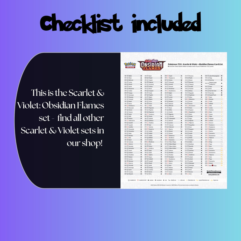 Example of the checklist that’s included to see which cards are all in the Obsidian Flames set from the Scarlet & Violet Series.