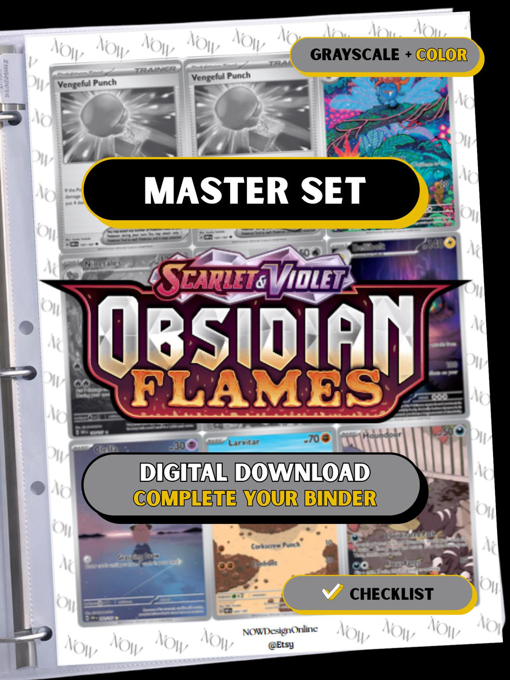 Obsidian Flames master set binder page showing grayscale and color Pokémon cards, designed as a digital download with checklist to complete a collector’s binder.