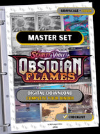 Obsidian Flames master set binder page showing grayscale and color Pokémon cards, designed as a digital download with checklist to complete a collector’s binder.