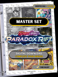 Paradox Rift Scarlet Violet master set binder page showing grayscale and color Pokémon cards, designed as a digital download with checklist to complete a collector’s binder.