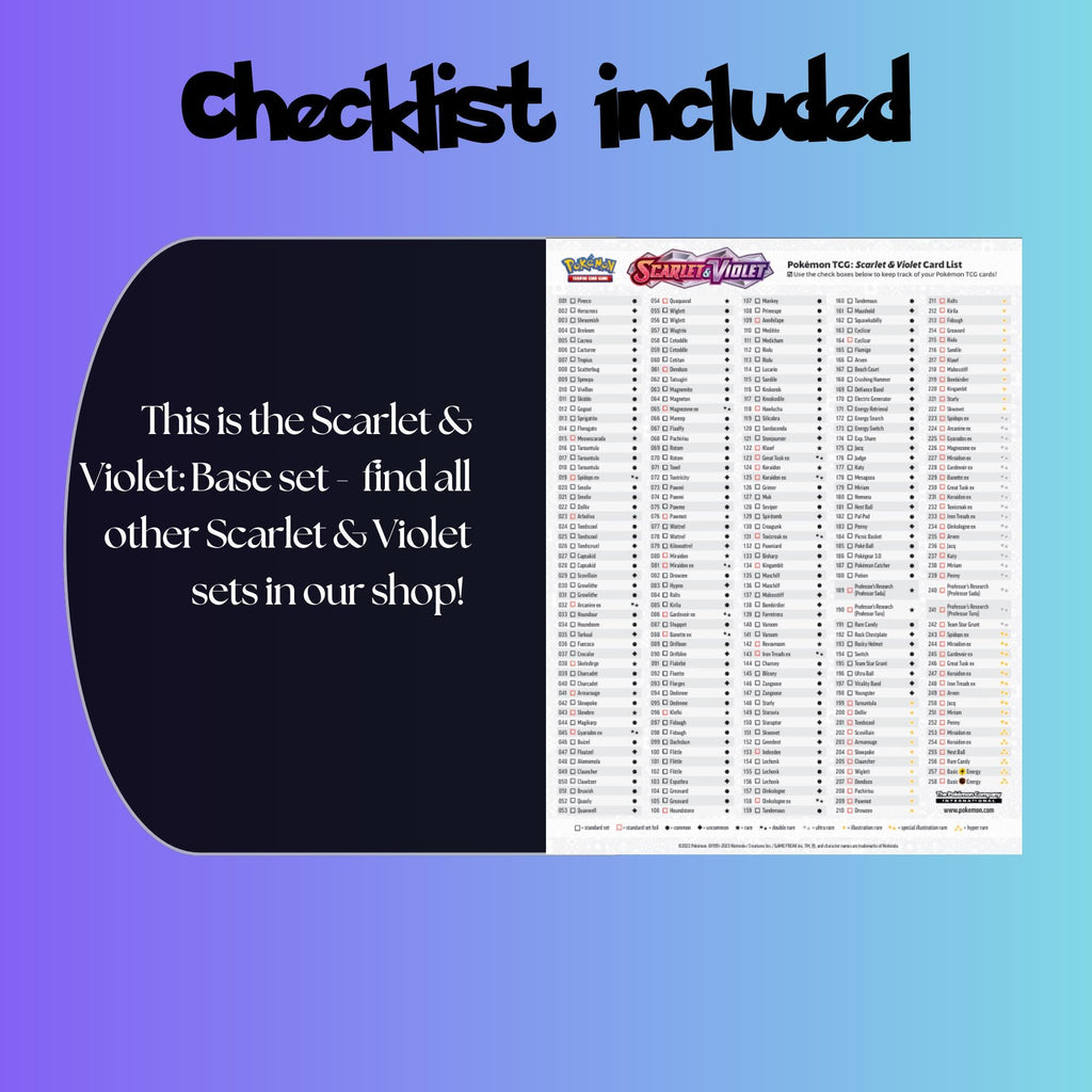 Example of the checklist that’s included to see which cards are all in the Scarlet Violet Base set from the Scarlet & Violet Series.
