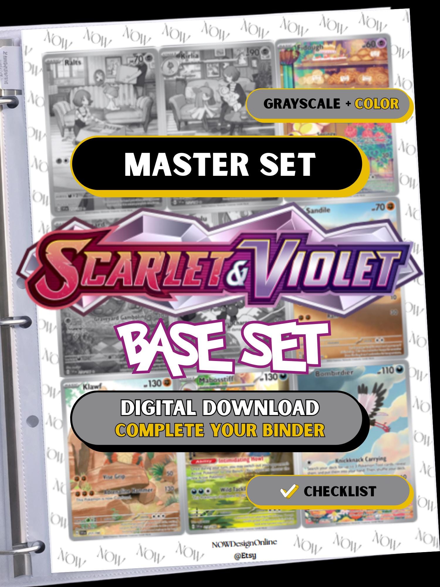 Scarlet Violet Base Set master set binder page showing grayscale and color Pokémon cards, designed as a digital download with checklist to complete a collector’s binder.