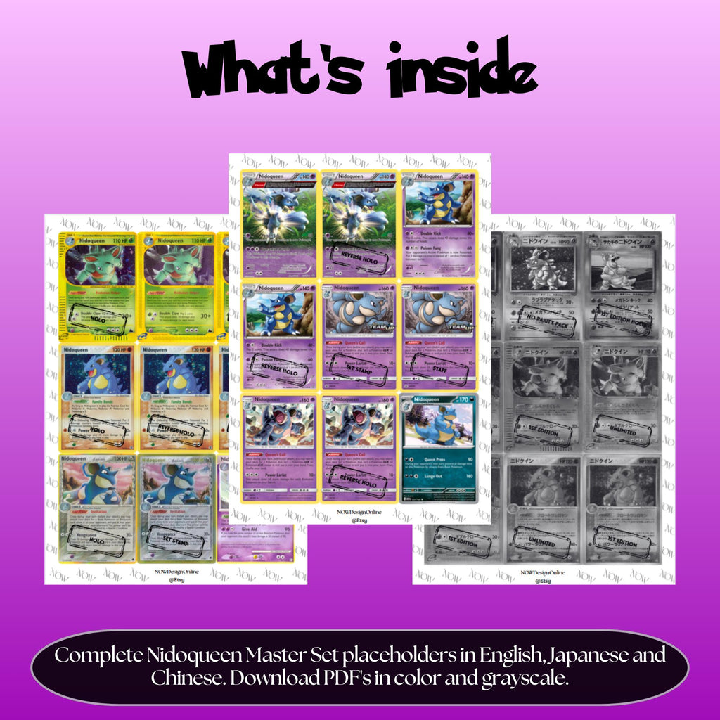 Nidoqueen binder pages set overview showing the included Pokémon cards to print and cut for your binder sleeves.