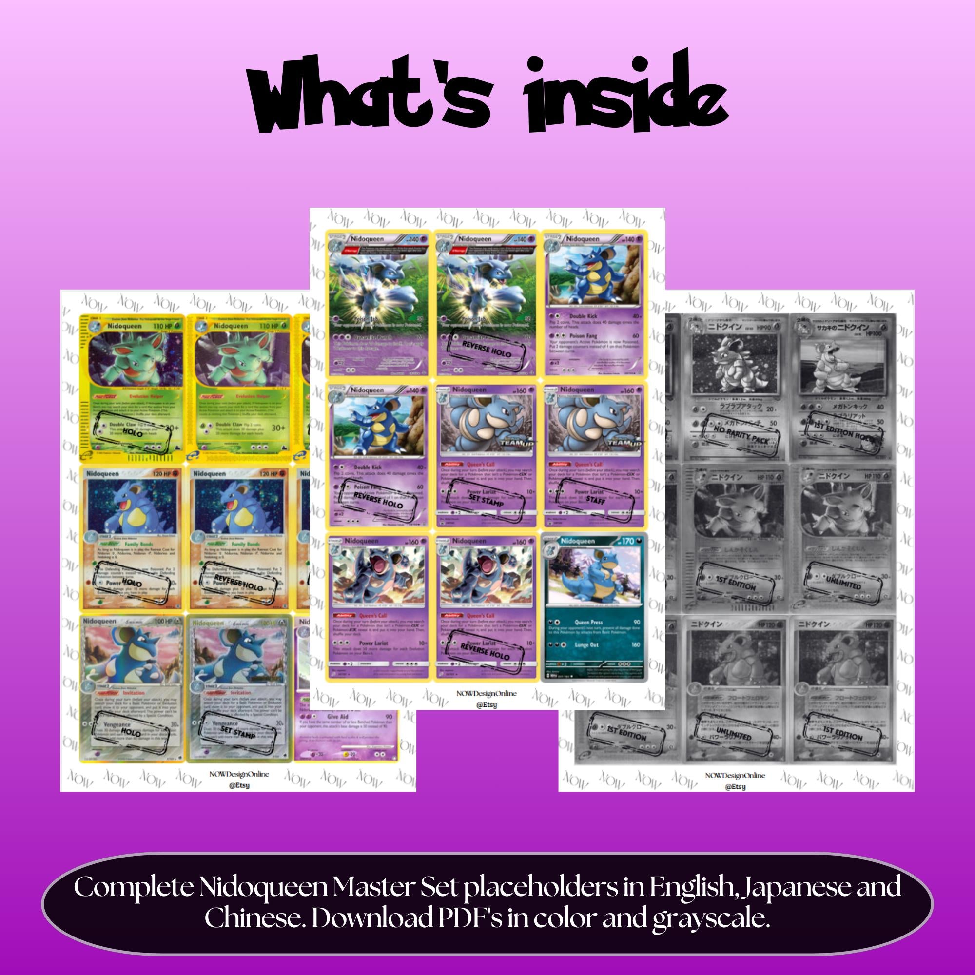 Nidoqueen binder pages set overview showing the included Pokémon cards to print and cut for your binder sleeves.