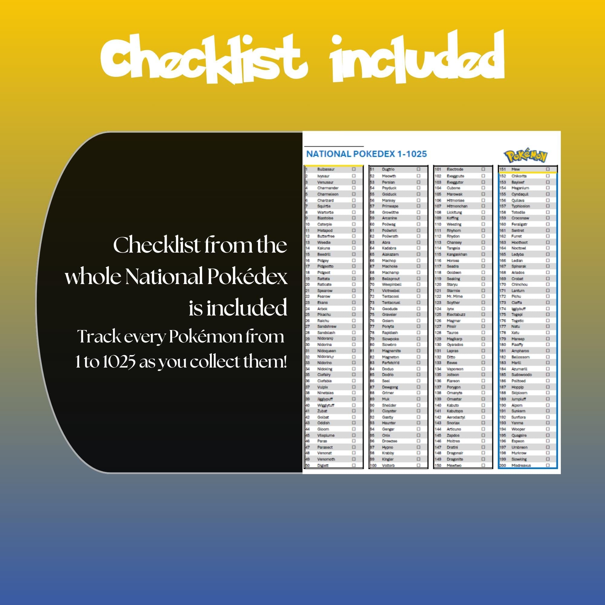 Printable national pokedex checklist showing every Pokémon from #001 to #1025 designed to track Pokémon collection progress.
