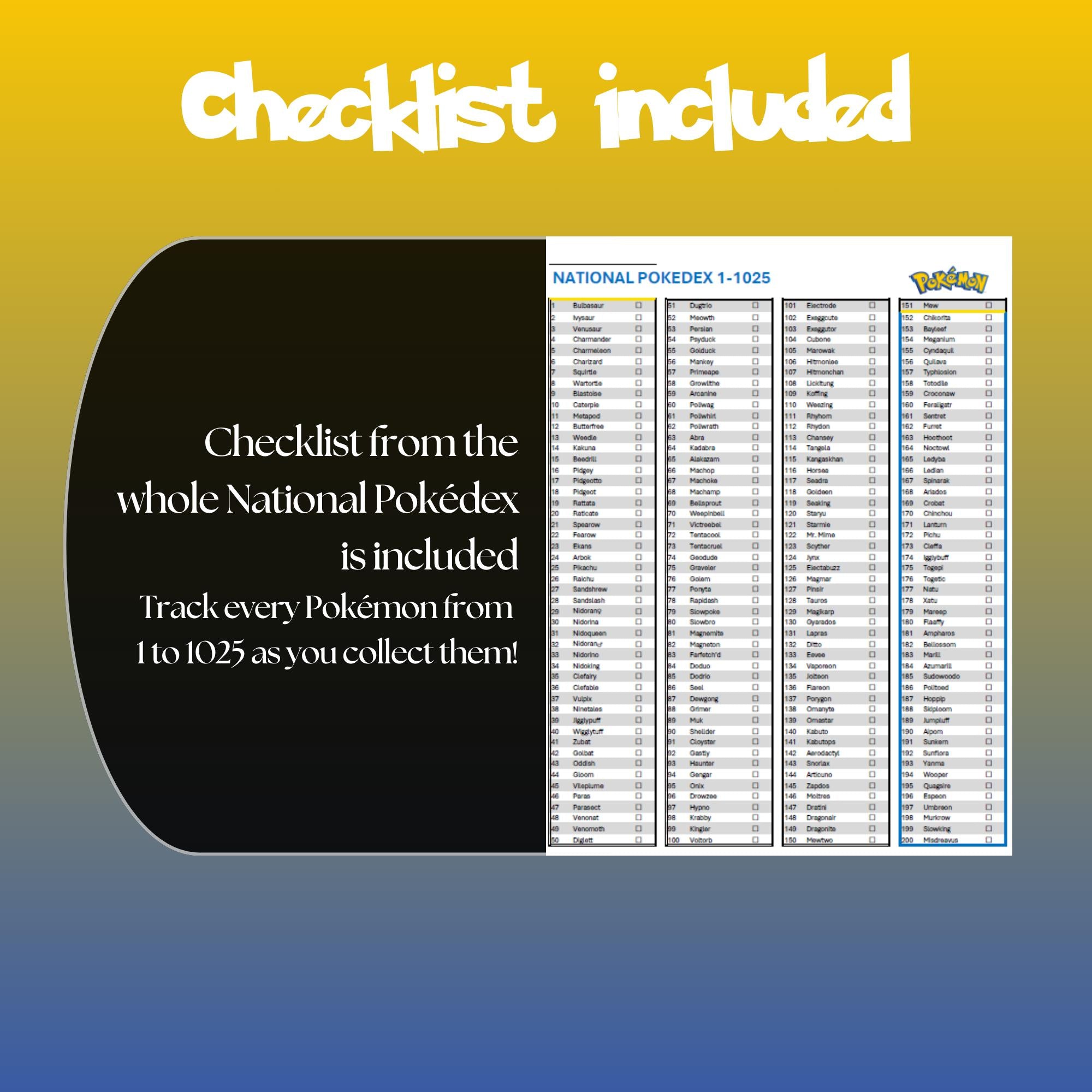 Printable national pokedex checklist showing every Pokémon from #001 to #1025 designed to track Pokémon collection progress.